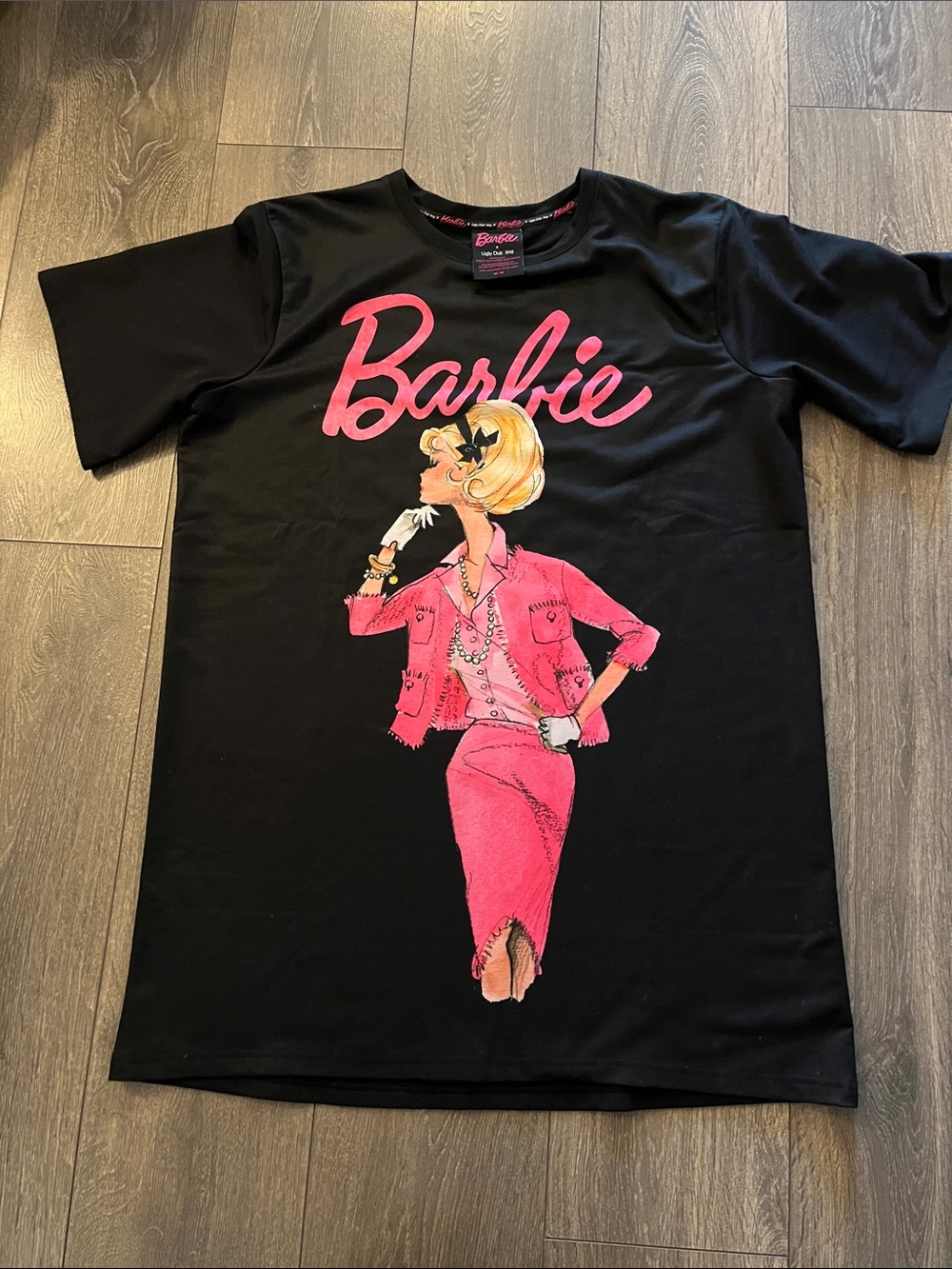 Barbie X Ugly Duk’ling Black Tee Dress with Pink Retro Fashion Barbie sz M